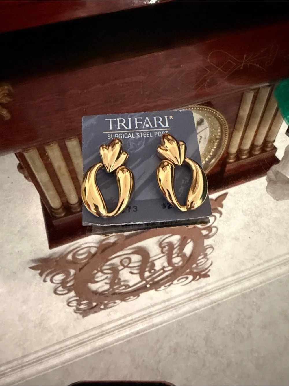 Trifari Shiny Gold Sculptural Hoop Drop Earrings